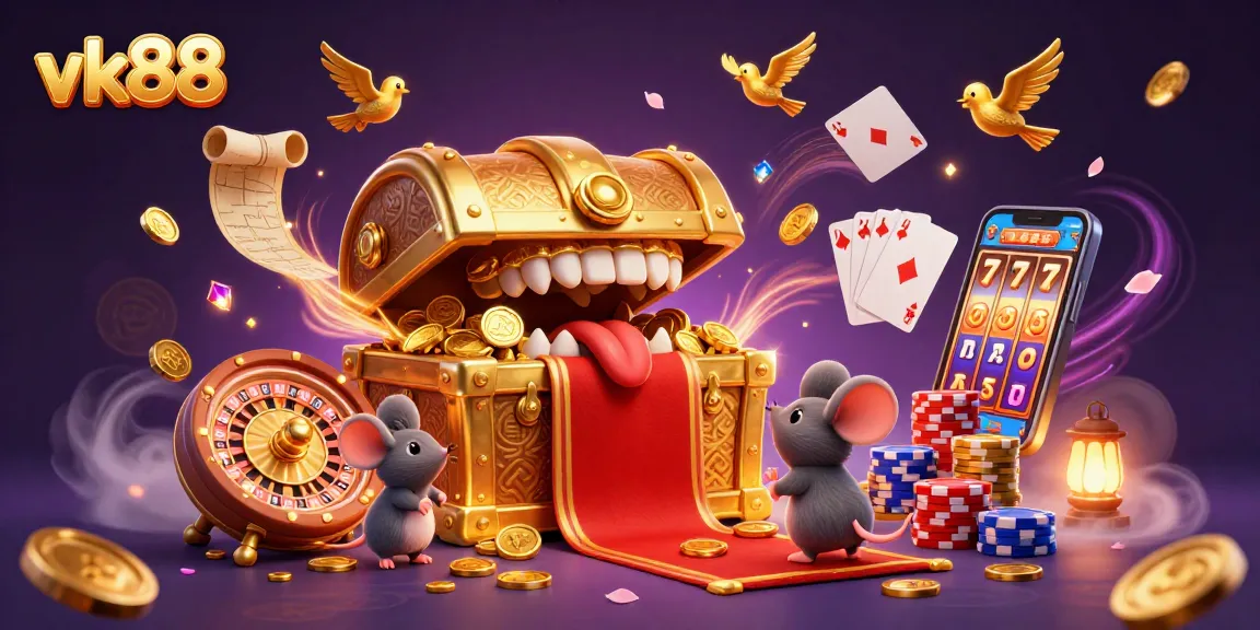 Experience thrilling wins at vk88 with a vibrant 3D casino illustration showcasing treasure and gaming excitement.