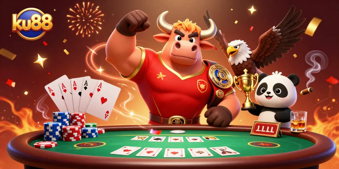 Players engage with ku88, celebrating over a vibrant poker scene filled with chips and cards.