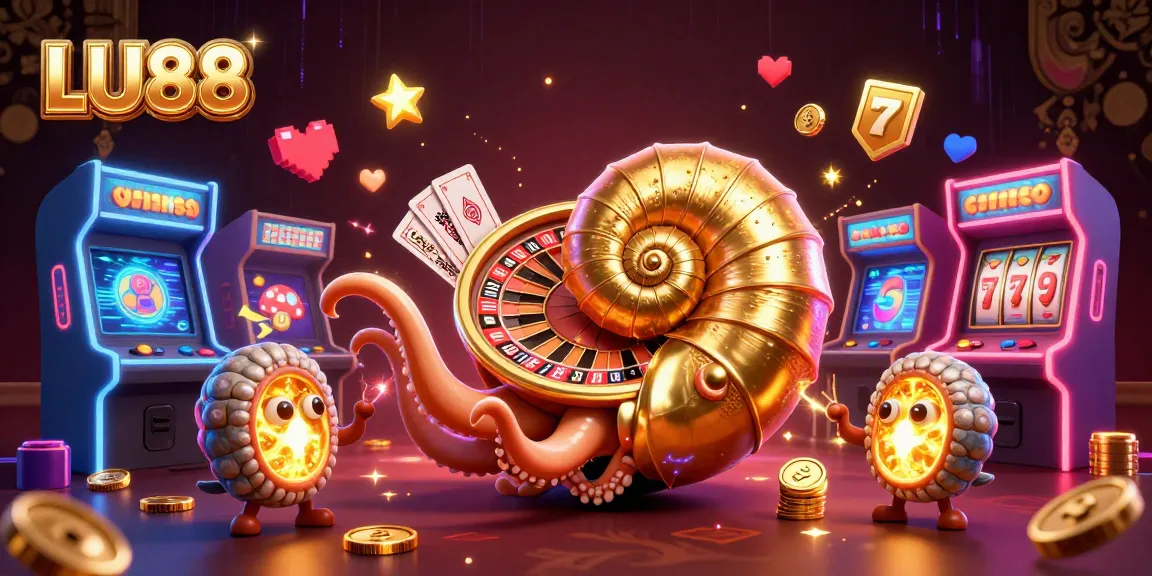 Experience LU88's vibrant gaming scene with an ancient nautilus design, cards, arcade machines, and neon effects.