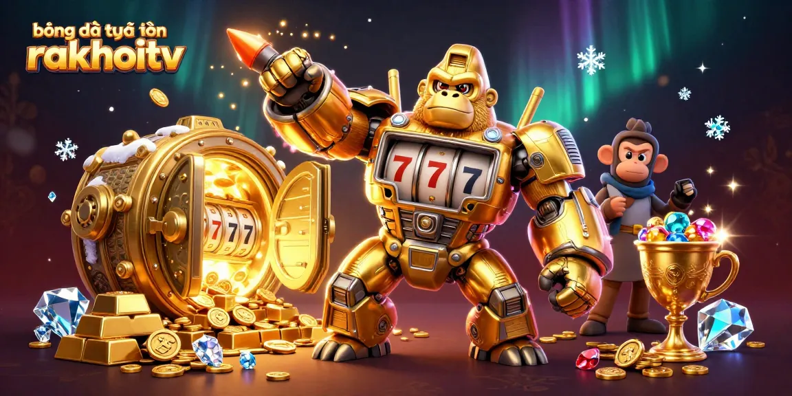 Engaging scene with the golden gorilla mech representing bóng đá trực tuyến rakhoitv and vibrant gambling elements.