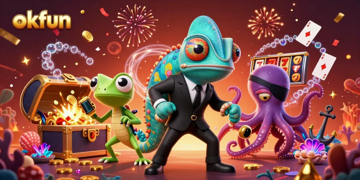 Spin winning reels with okfun in a vibrant casino adventure illustration filled with colorful gems and festive energy