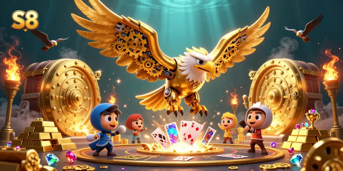 S8 players spinning through holographic cards, collecting treasures in a dynamic casino scene