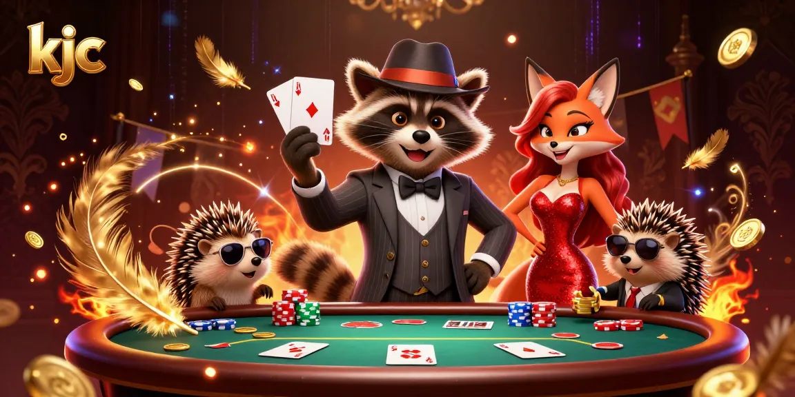 KJC poker scene featuring a suave raccoon and stylish fox at a dynamic table.