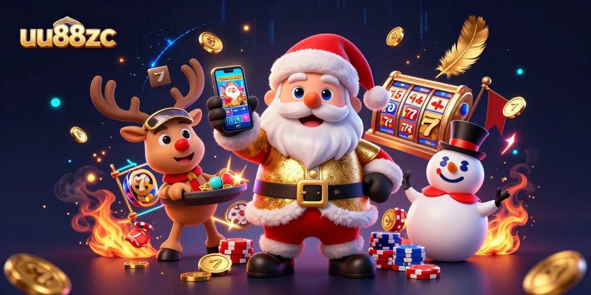 Spin the reels at uu88zc with festive fun; a 3D Santa, reindeer dealer, and poker chip snowman celebrate!