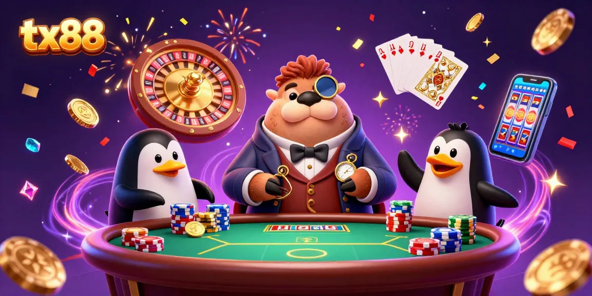 Join the lively tx88 underwater poker game with a walrus, penguin dealer, and bluffing pufferfish surrounded by coins!