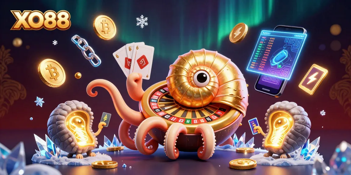 Bet on XO88 with thrilling 3D digital art showcasing vibrant casino elements and crypto coins