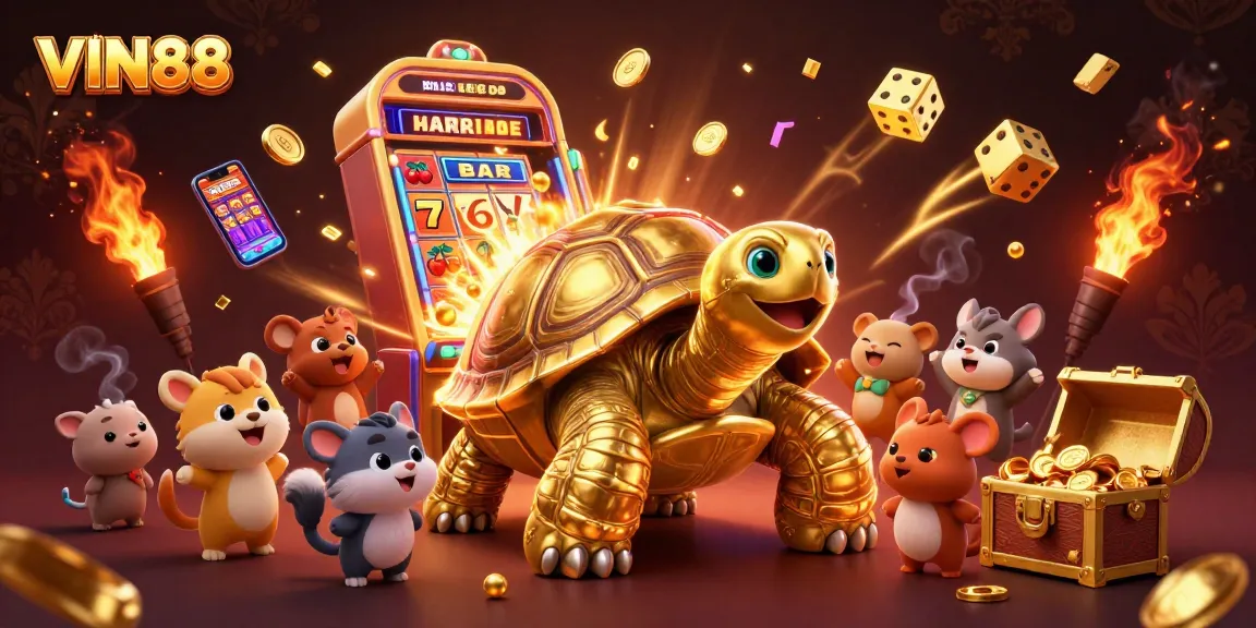 Experience ultimate gaming joy at VIN88 with an exciting 3D casino scene featuring animated characters and vibrant games.