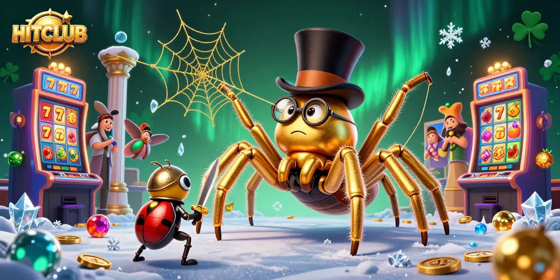 Experience thrilling gaming at HITCLUB with golden tarantula and beetle knight in a dynamic casino scene.