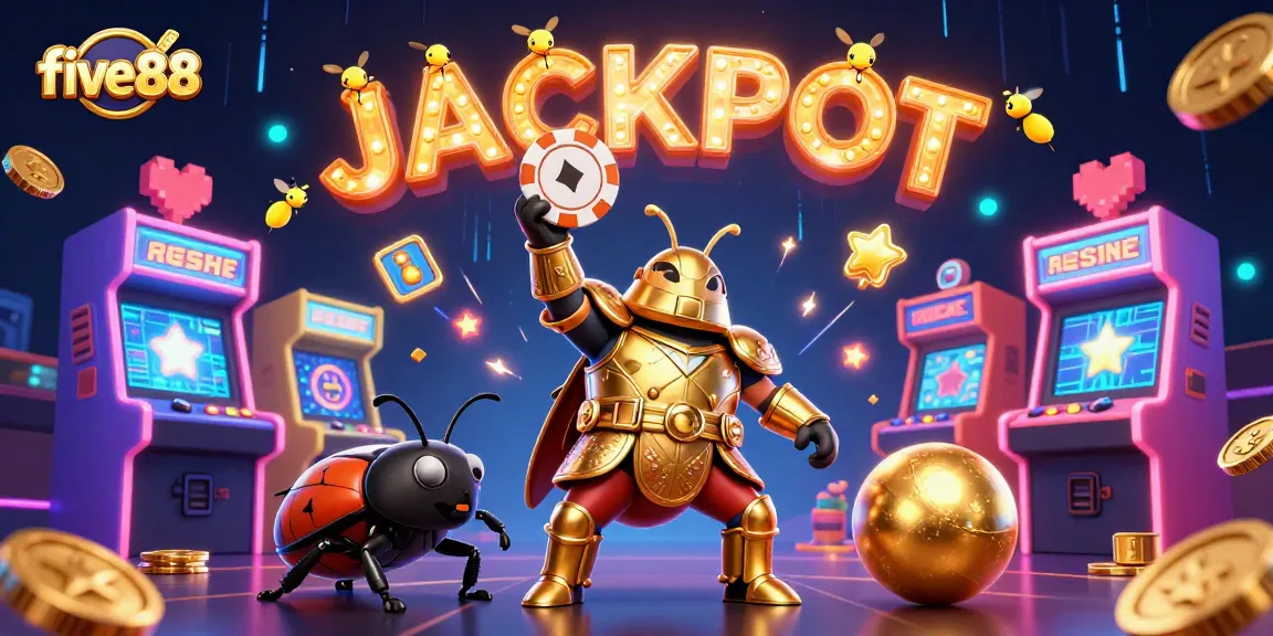 Experience the excitement at five88 as the golden-armored beetle celebrates a big win amidst vibrant gaming visuals.