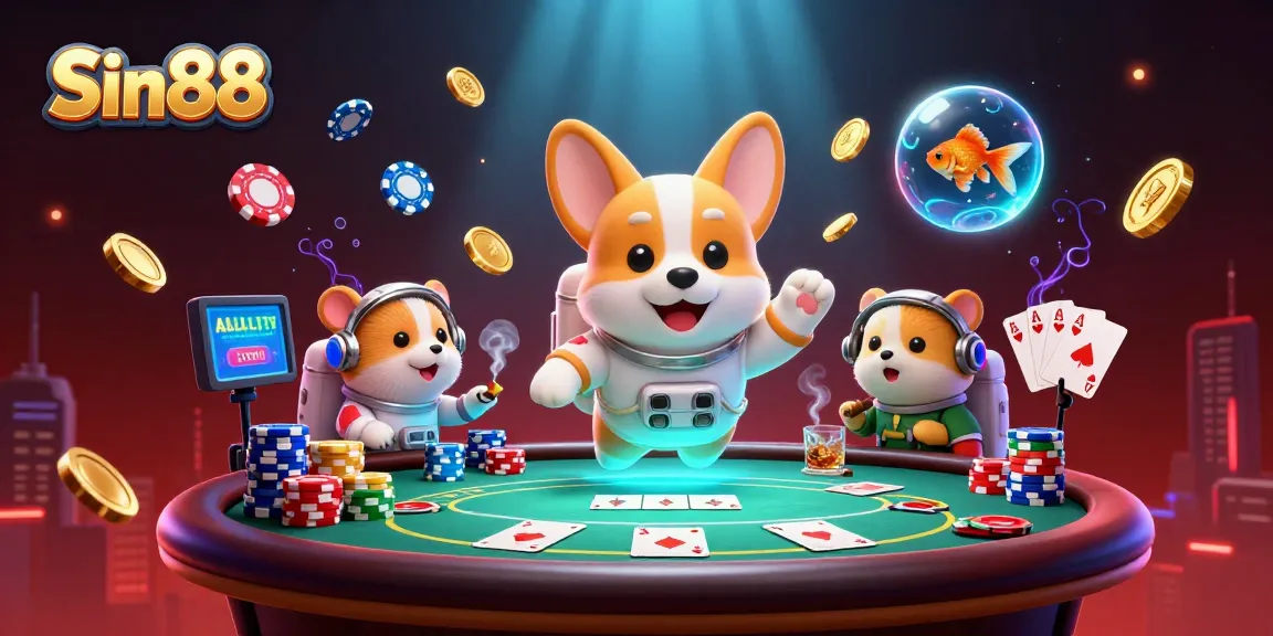 Experience the thrilling atmosphere of Sin88 with a 3D floating casino scene filled with poker excitement.