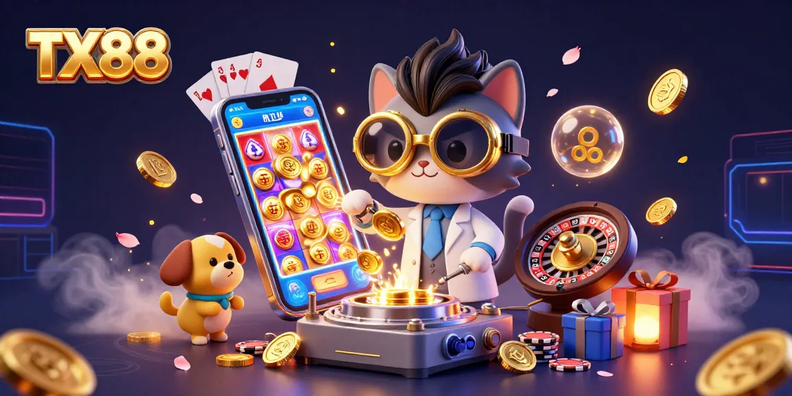 Experience thrilling gaming at TX88 with a mad scientist and dog in a vibrant casino lab.