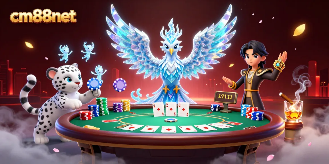 Experience the excitement of cm88net with stunning visuals of a poker scene featuring an ice phoenix.