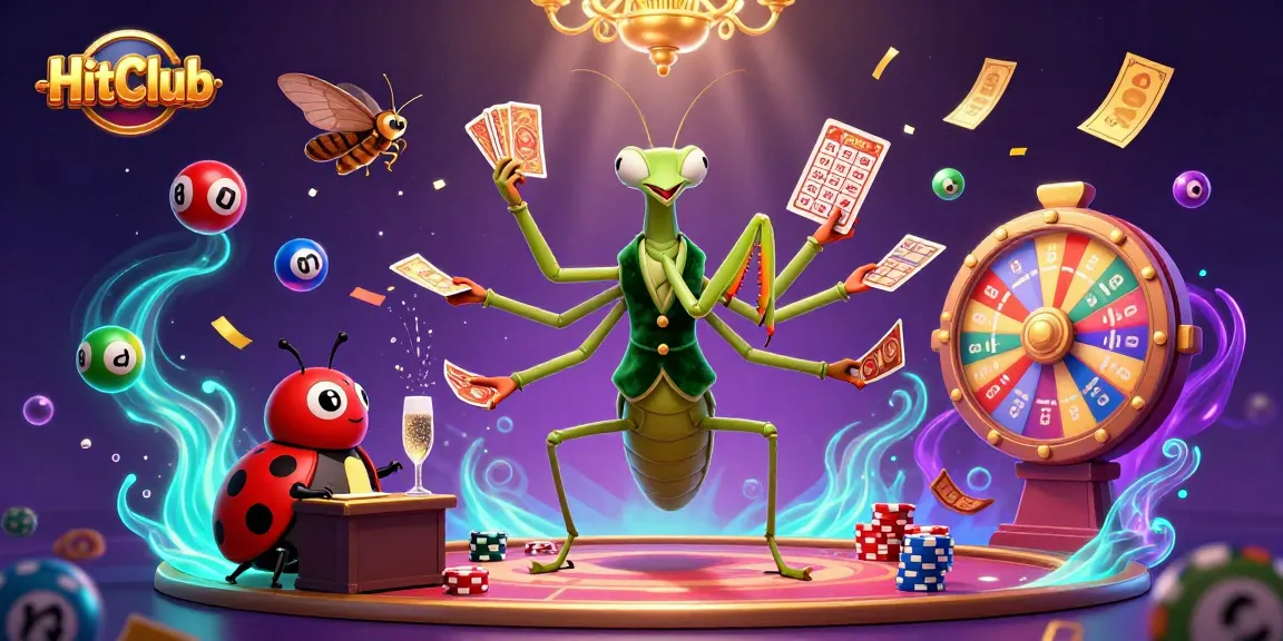 Experience the excitement of HitClub with a vibrant casino scene depicting a praying mantis dealing cards.