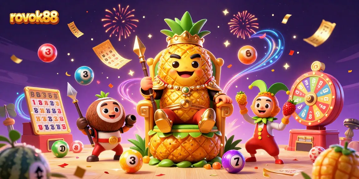 Engage with rokok88's vibrant casino scene featuring a golden pineapple king and dynamic gaming elements.