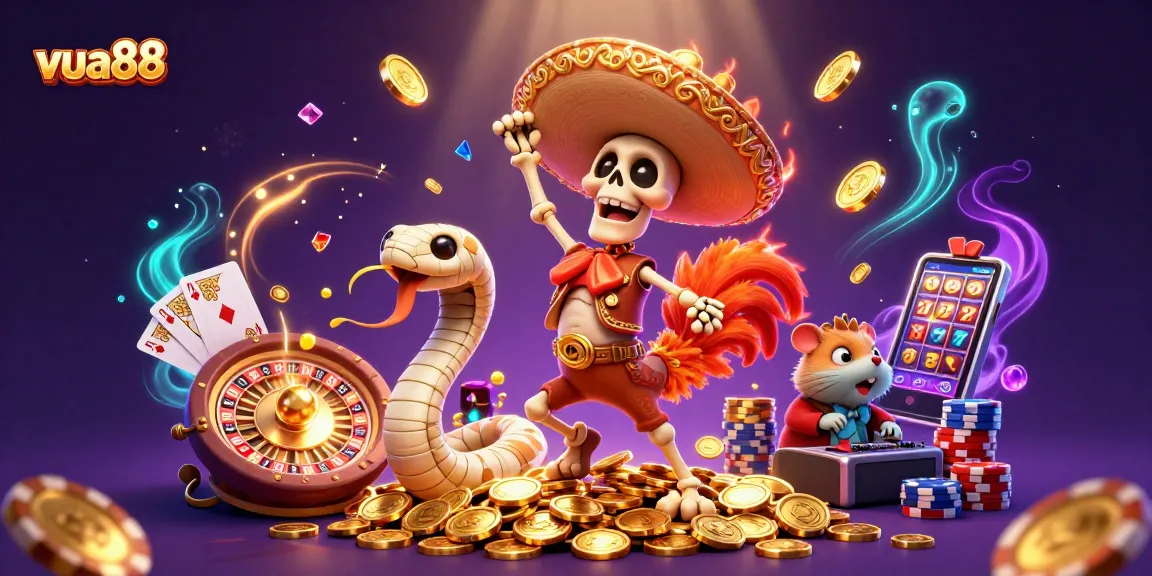 Experience vibrant winnings with vua88 as a mariachi rooster, mummy snake, and DJ hamster celebrate on golden coins.