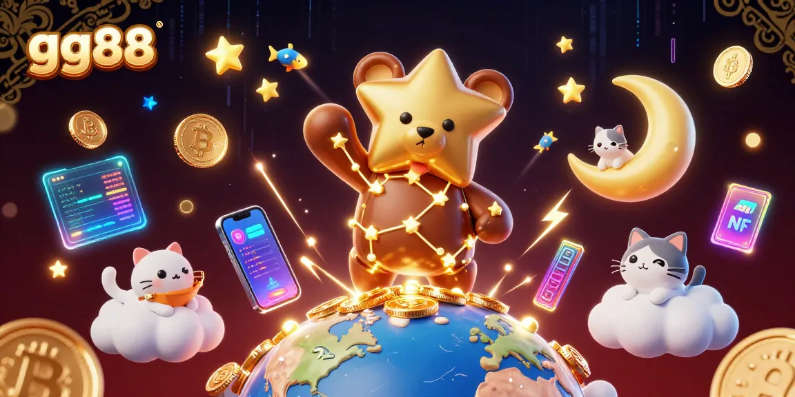 Experience the thrill at gg88 with vibrant 3D casino illustration showcasing gold stars and crypto coins.