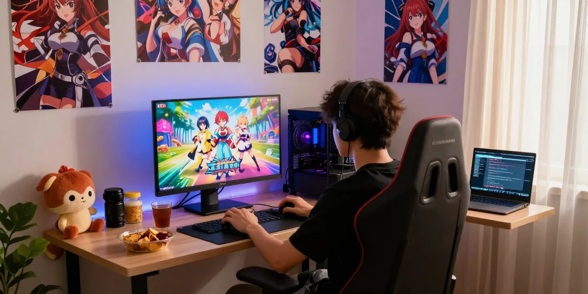 Player enjoying a colorful hentai game in a cozy gaming setup with anime decor