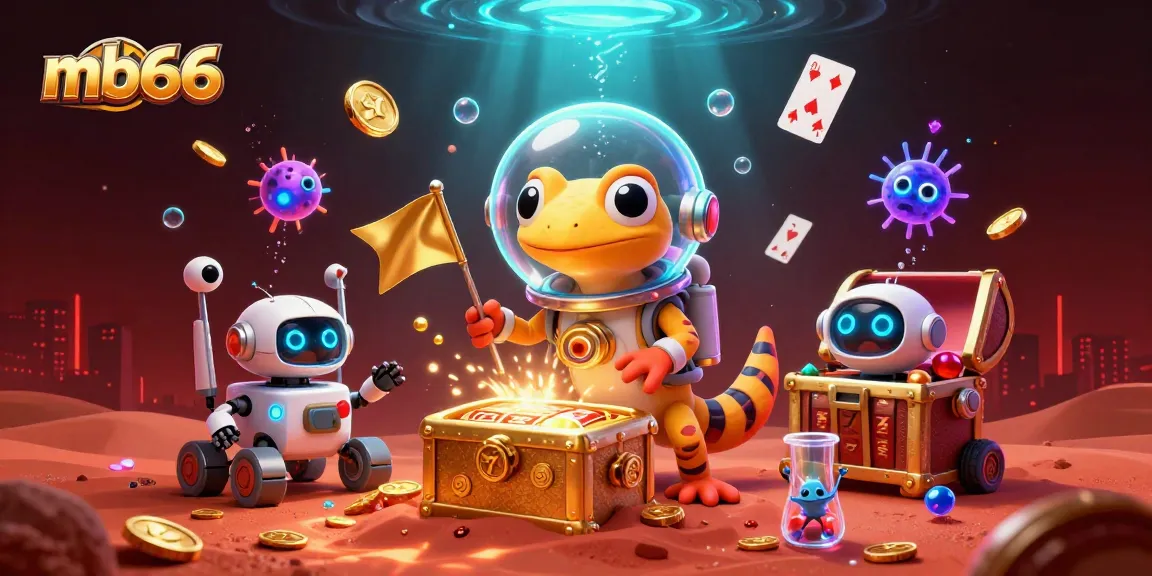 Experience the thrill of mb66 as a Martian gecko discovers a gold casino amidst vibrant game elements.