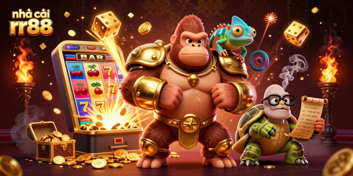 Experience the excitement at nhà cái rr88 with a vibrant 3D illustration of an epic casino scene full of treasure and fun.
