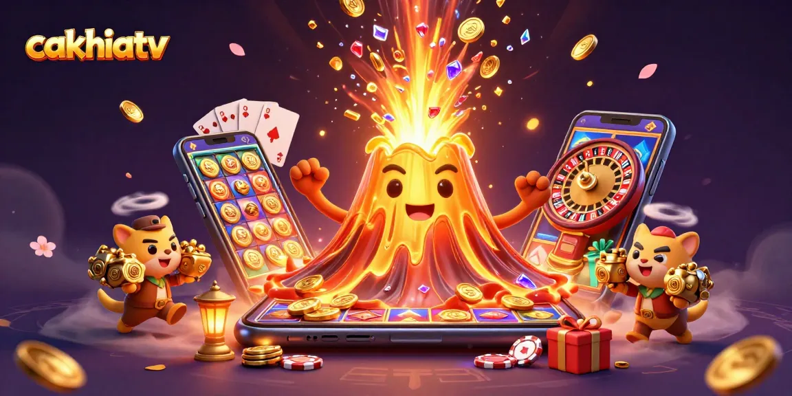 Cakhiatv showcases a triumphant golden volcano erupting coins and gems in a vibrant online casino scene.