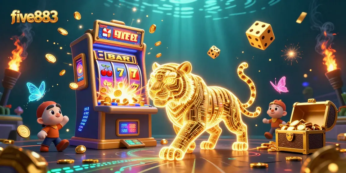Experience thrilling jackpots at five883 with a golden tiger and dynamic casino symbols bursting forth.
