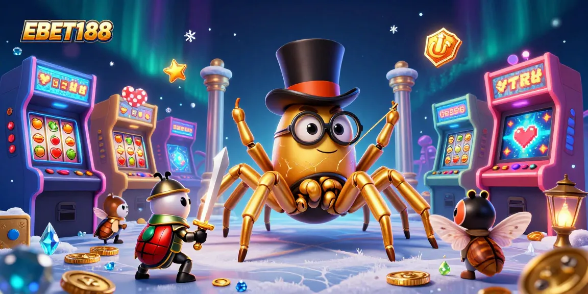 Engage in exciting games at EBET188 with vibrant 3D casino illustration featuring characters and game elements.