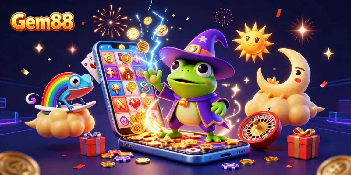 Experience Gem88's vibrant gaming adventure with golden coins, a rainbow chameleon, and exhilarating casino elements.