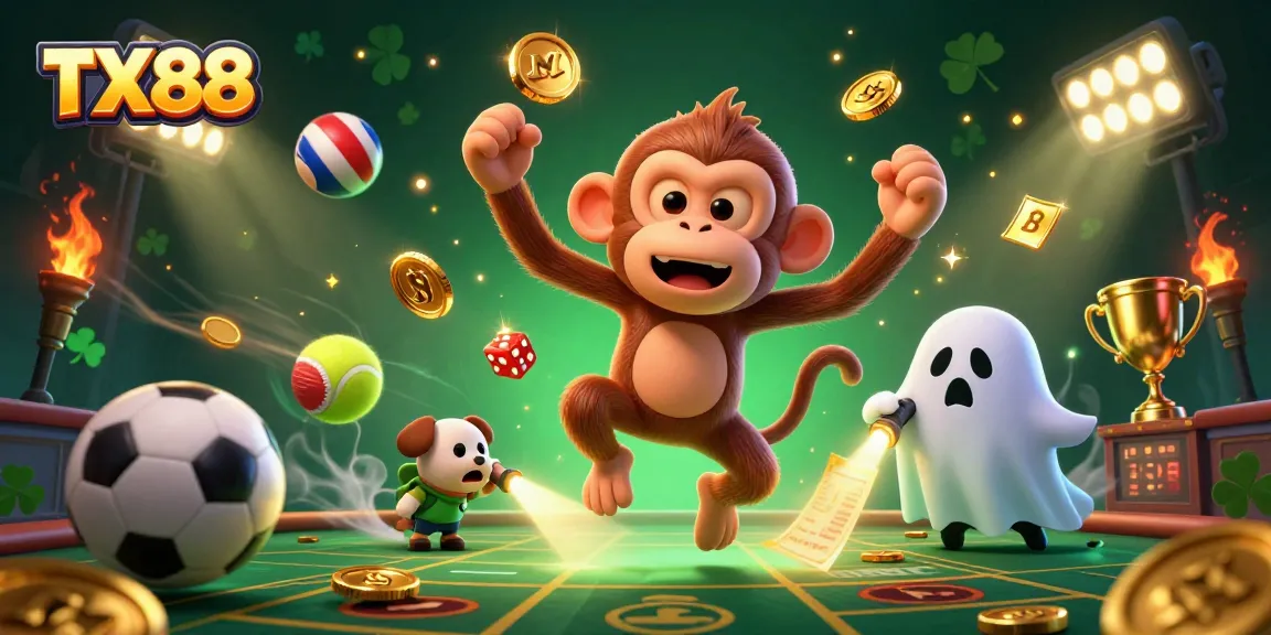 TX88 features a playful ghost monkey and a puppy in a dynamic haunted casino scene.
