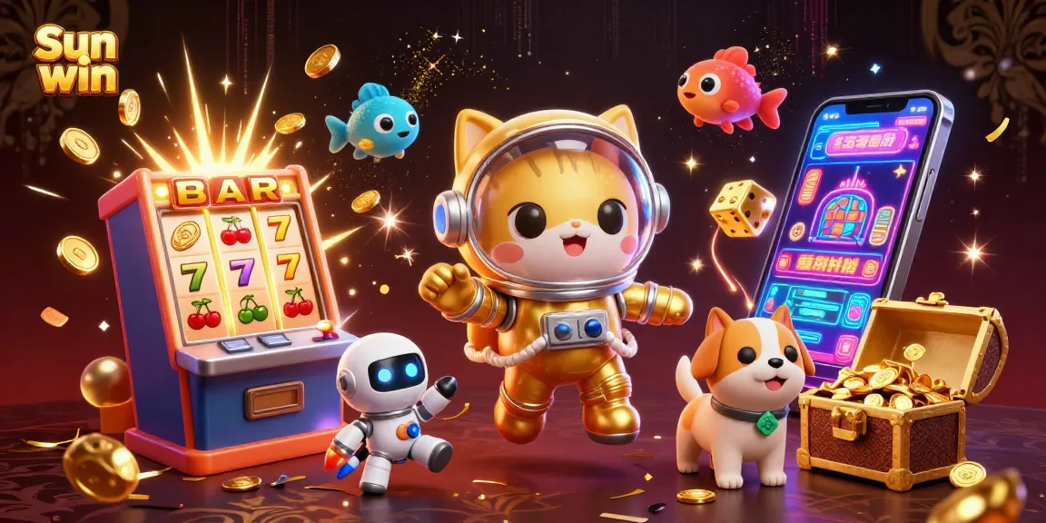 Experience the thrill of Sun win with a colorful slot machine explosion and energetic characters.