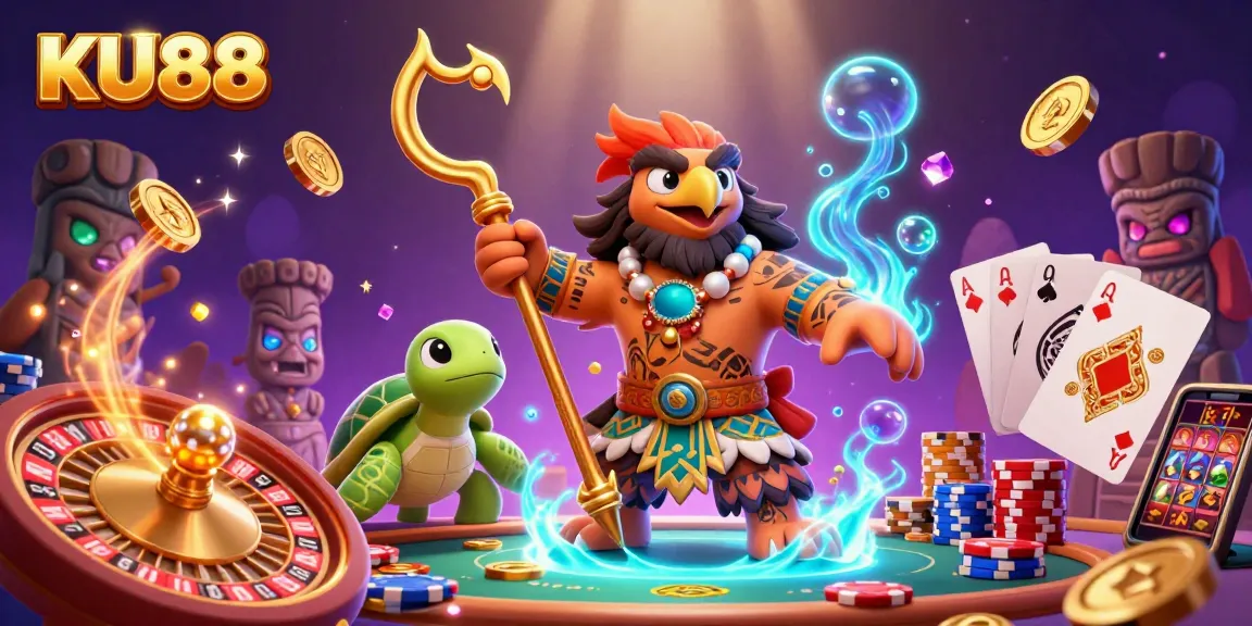 Experience the thrilling atmosphere of KU88 with a vibrant gaming scene featuring dynamic characters and casino elements.