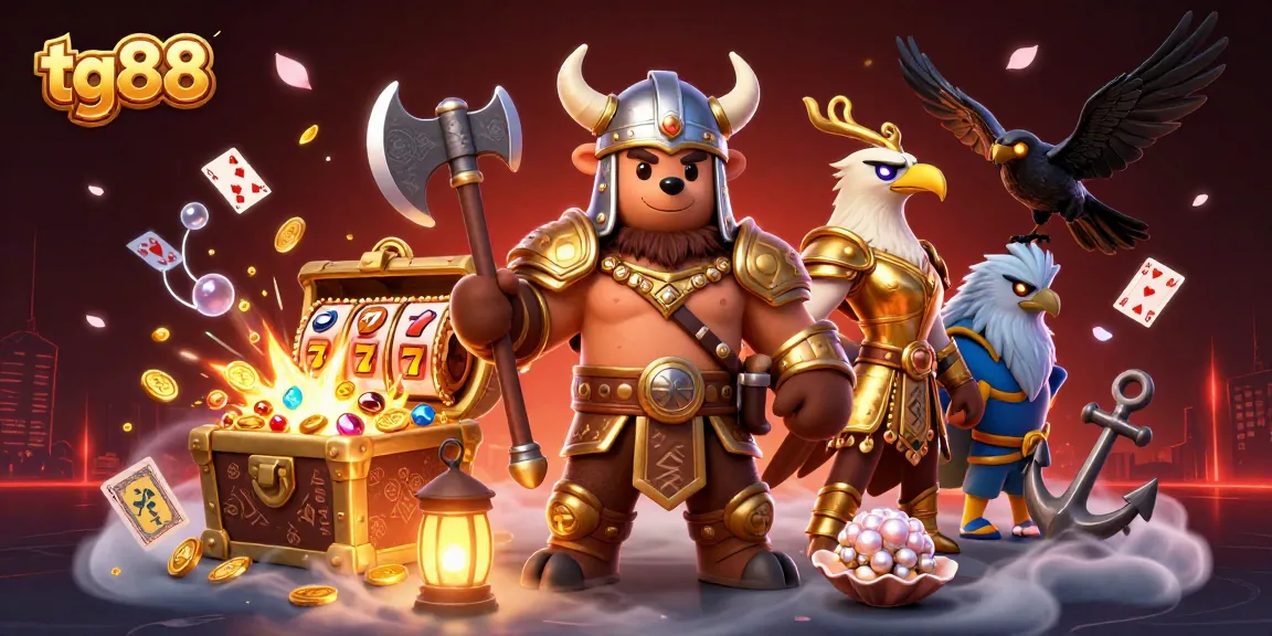 Play exciting slot games at tg88 with a Viking berserker bear and Valkyrie eagle amid gold coins and colorful gems.