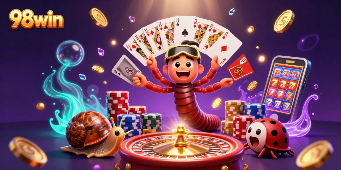Experience the excitement at 98win with a thrilling 3D casino scene filled with vibrant game elements and characters.