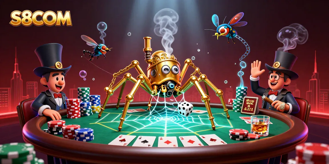 S8COM showcases a lively steampunk casino scene with a golden spider and poker elements.