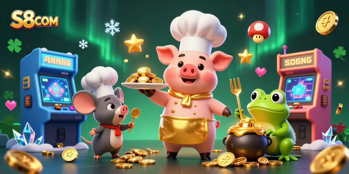 Experience S8COM magical casino charm with vibrant 3D characters serving golden coins and gaming excitement.