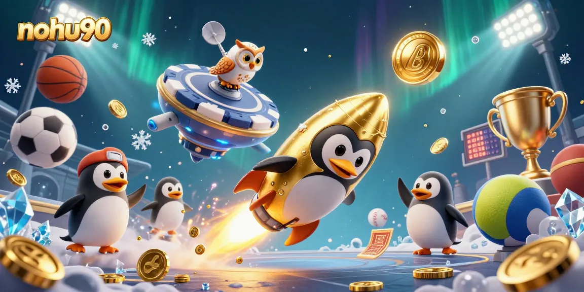 Engage with nohu90's inviting online casino scene featuring a cartoon penguin and casino elements.