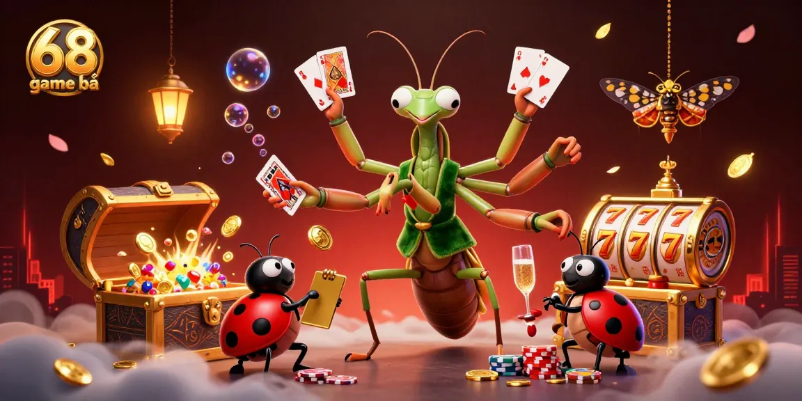 Experience thrilling wins with the vibrant 68 game bài scene featuring a lively praying mantis and ladybug in a colorful casino.