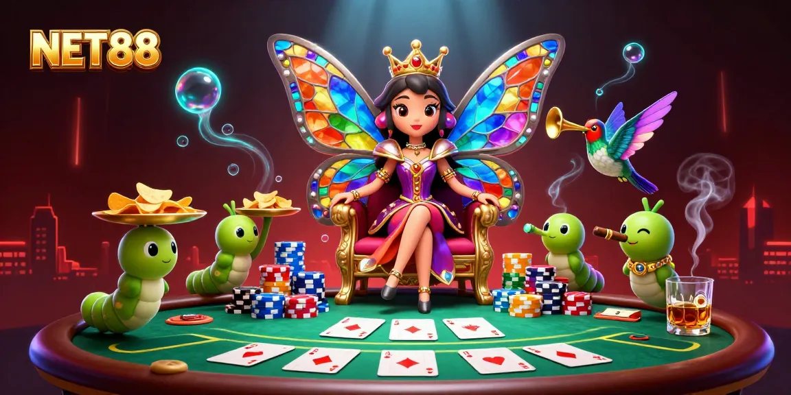 NET88 players enjoy a vibrant poker scene, led by a butterfly queen and caterpillar servants.