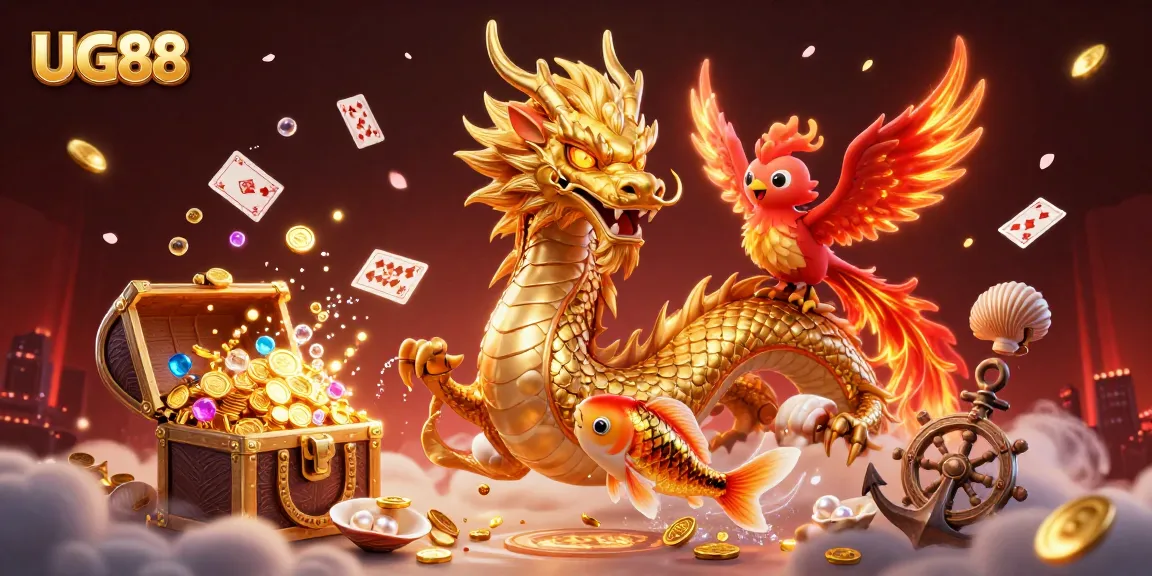 Experience thrilling gameplay with UG88's festive dragon, phoenix, and koi in a vibrant casino scene.
