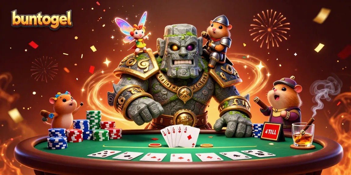 Buntogel showcases a magical gambling scene with a 3D golem guardian, fairy, and knight at a poker table.
