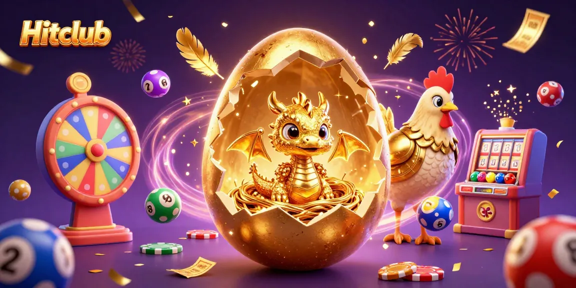 Hitclub captivates with a vibrant 3D scene featuring a golden baby dragon and dynamic lottery elements.