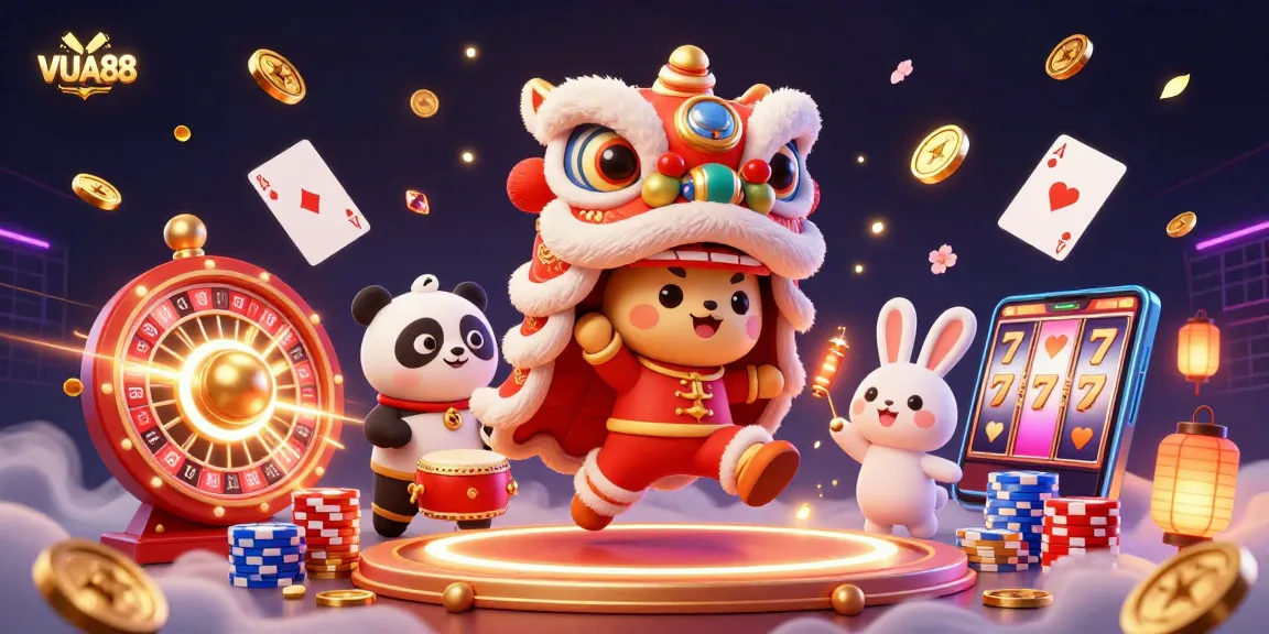 Experience the excitement of VUA88 with a lively 3D casino illustration featuring a lucky lion dance and gaming elements.
