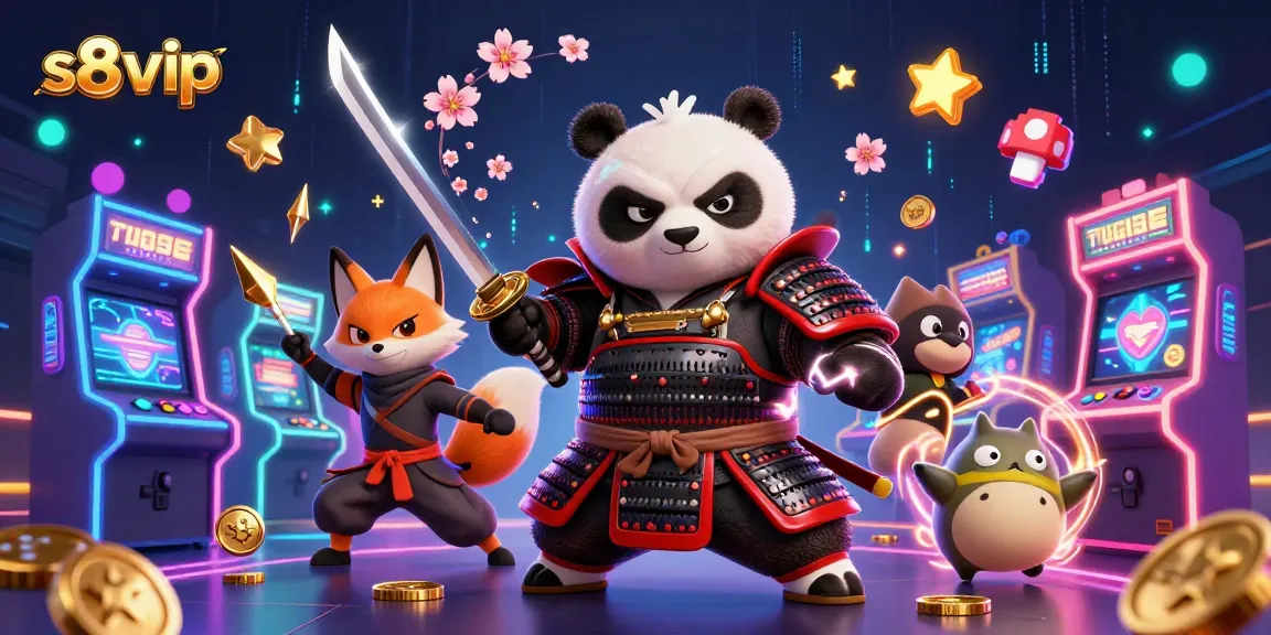 S8 vip platform featuring a fierce samurai panda and ninja fox in a vibrant casino scene.