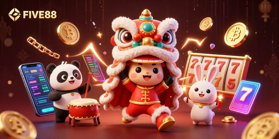 Engage with FIVE88's vibrant casino adventure featuring a lion dance, drumming panda, and exciting games.