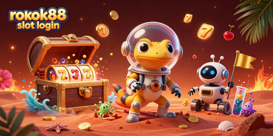 Engage with rokok88 slot login in a vibrant 3D scene featuring a Martian gecko and exciting game elements.