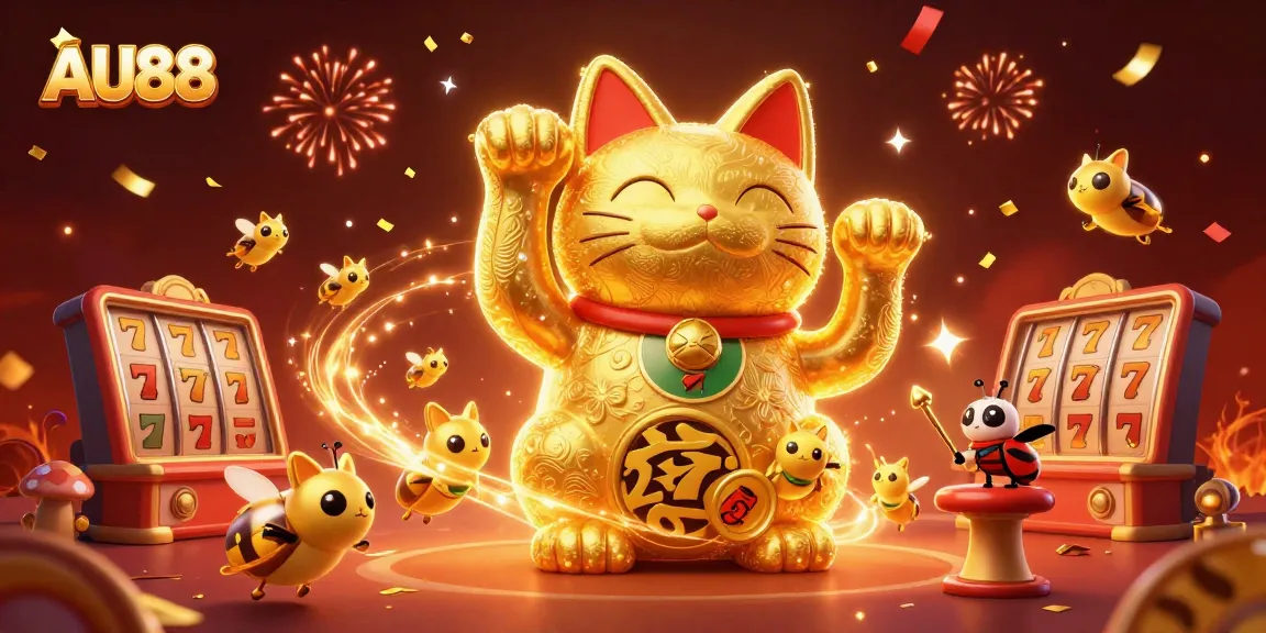 Engage with AU88's captivating atmosphere featuring a magical lucky cat surrounded by dynamic casino elements.