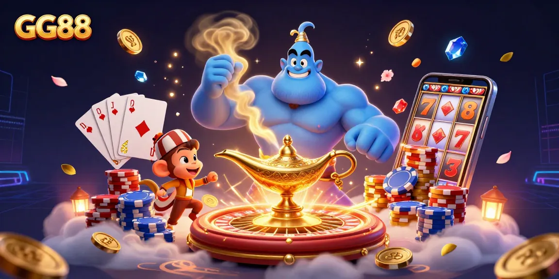 Experience thrilling gameplay at GG88 with energetic casino elements like poker chips and dazzling treasures.