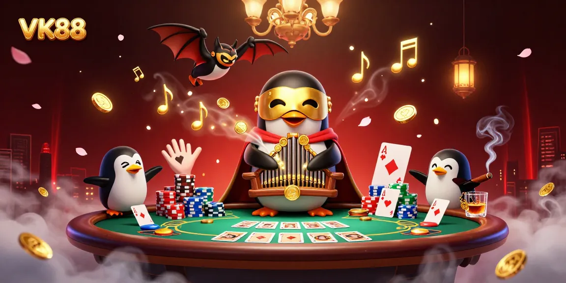 VK88's phantom opera penguin entertains at a lavish casino scene with golden coins and poker elements.