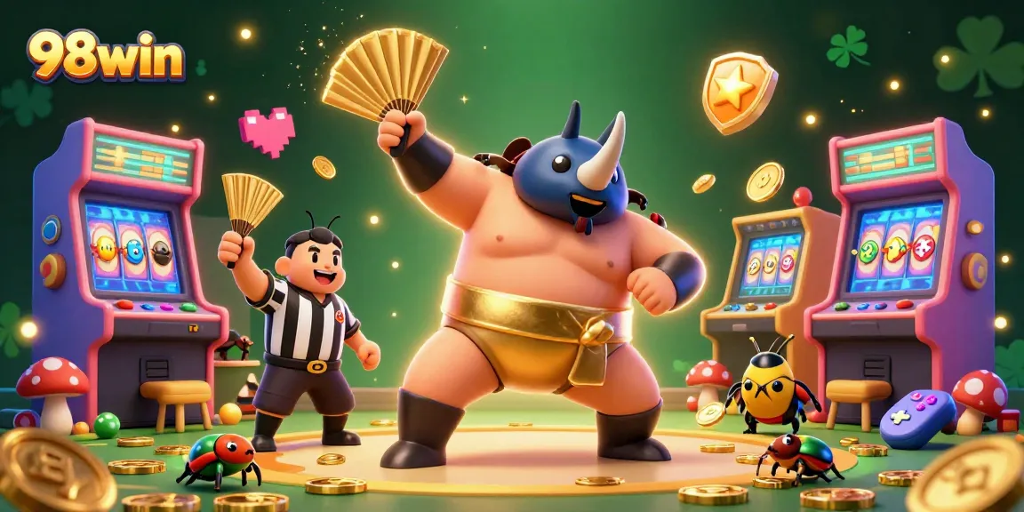 98win elevates your gaming with a thrilling visual of a sumo beetle champion amid golden coins and slot machines.