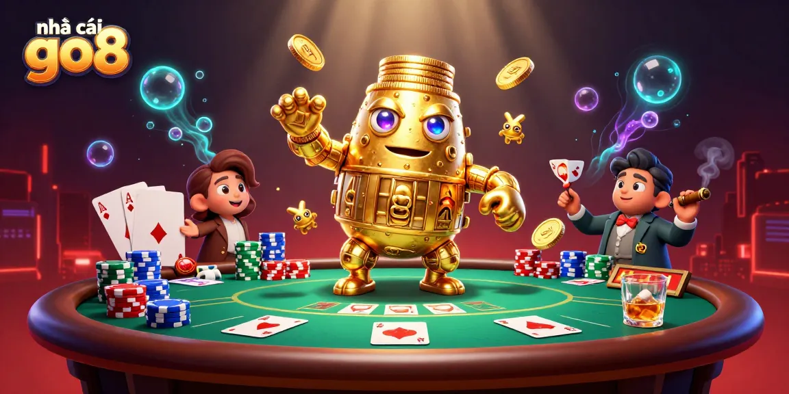 Experience thrilling gameplay at nhà cái go8 with a golden golem surrounded by poker elements.