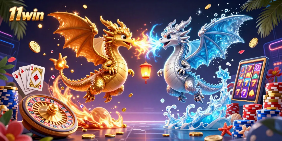 Experience thrilling gaming with 11win's golden and silver dragon duo soaring through rich casino elements.